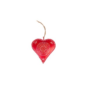 Kovová dekorácia ako kovové červené srdce s bielym dekorom a s jutovou šnúrkou na zavesenie 13 x 13 cm Isabelle Rose 36544