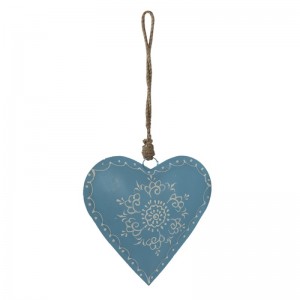 Kovová dekorácia modré srdce s bielym dekorom a s jutovou šnúrkou na zavesenie 12 x 4 x 12cm Clayre & Eef 38801