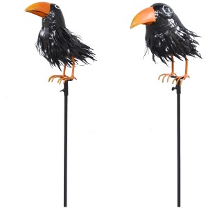 Kovová dekorácia napichovačky v tvare vtáčika - vrany s čiernym perím a oranžovým zobáčikom v dvoch prevedeniach 24 x 10 x 133 cm 42154