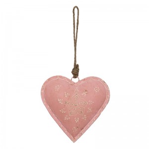 Kovová dekorácia ružové srdce s bielym dekorom a s jutovou šnúrkou na zavesenie 14 x 4 x 14 cm Clayre & Eef 37596