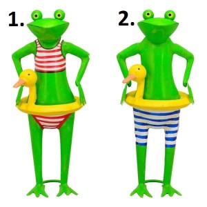Kovová dekorácia stojacej zelenej žaby so žltým plávacím kolesom v dvoch prevedeniach 22 x 16 x 44 cm 39461