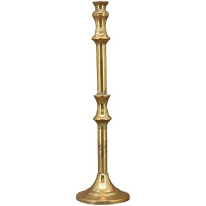 Kovová dekorácia svietnika na vysokú sviečku v zlatom farebnom prevedení v ošúchanom štýle 11 x 11 x 39 cm 42167