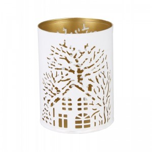 Kovová dekorácia svietnika v bielo-zlatom farebnom prevedení s výrezmi domčeka so stromom 9 x 9 x 12 cm 42361