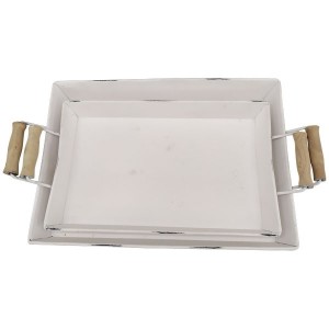 Kovová servírovacia tácka - podnos v bielom farebnom prevedení s bočnými drevenými úchopmi 37,5 x 22 x 6,5 cm 42159
