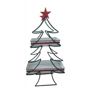 Kovová vianočná dekorácia stojana v tvare stromčeka s dvomi priehradkami a červenou hviezdou 42 x 21 x 80 cm 39107