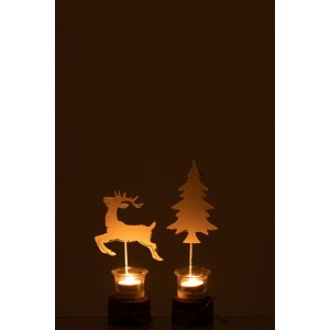 Kovová vianočná dekorácia svietnika na drevenom podstavci v bielom farebnom prevedení na čajovú sviečku 12 x 9 x 23 cm Jolipa 42295