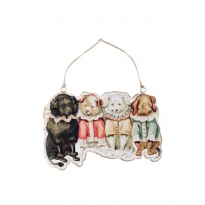 Kovová závesná dekorácia štyroch sediacich psíkov v elegantnom oblečení visiacej na šnúrke 20 x 15 x 0,8 cm Blanc Maricló 42497