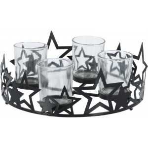 Kovový čierny adventný svietnik na štyri čajové sviečky s motívom hviezdičiek 38836