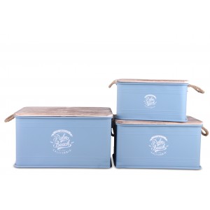 Kovový malý úložný box v modrej farbe s bielym nápisom a dreveným poklopom 45 x 30 x 25 cm 38993