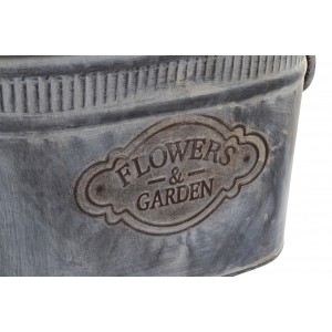 Kovový sivý stredný kvetináč oválneho tvaru s rúčkami na bokoch a nápisom 38 x 26,5 x 22 cm 37994