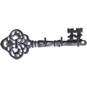 Kovový vešiak v tvare kľúča s dekorovanými háčikmi v šedom farebnom prevedení vo vintage štýle 19 x 3,5 x 6,5 cm Chic Antique 40730