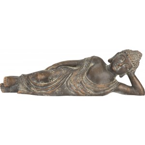 Ležiaca socha v tvare Budhu v hnedej farbe ako záhradná dekorácia 60 x 12,5 x 19 cm 35801