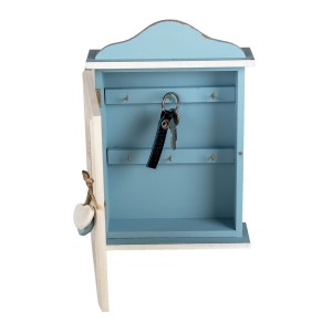 Modro-béžová drevená skrinka hnedá s vešiakmi na kľúče s ošúchaným vzhľadom a srdiečkami na jutovej šnúrke Clayre & Eef 35609