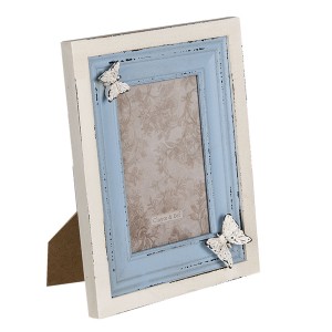 Modro-béžový pastelový drevený vintage ošúchaný fotorám s dekorovaním motýľov a sklom 18 x 3x 23 cm Clayre & Eef 35607