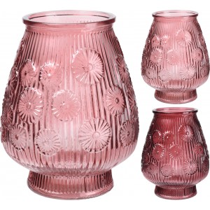 Okrúhli sklenený ružový svietnik s dekorom kvietkov, na výber z dvoch odtieňov ružovej farby, výška 24 cm 33352