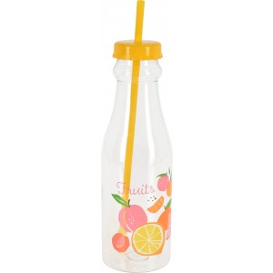 Plastová fľaša - dóza v transparentom farebnom prevedení s dekorom ovocia so slamkou 650 ml 43139