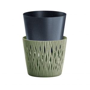Plastový okrúhly kvetináč Sandy Round ECO Wood v zelenej farbe s čiernym vkladom 12,8 cm 39287