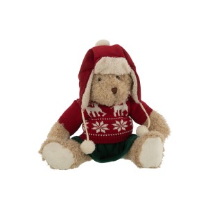 Plyšová dekorácia hnedého medvedíka vo vianočnom červeno-bielom svetri a s vianočnou čapicou 15 x 12 x 40 cm Jolipa 42343
