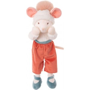 Plyšová myška Winter Annie s oranžovýcmi zaplátanými nohavicami a čiapkou s brmbolcom 40 cm Bukowski design 35585