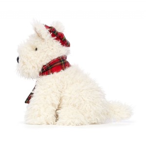 Plyšový psík Winter Warmer Munro Scottie Dog s huňatou bielou kožušinkou a károvanou čiapkou so šálom 21 cm Jellycat 41950