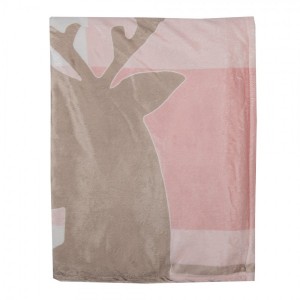 Polyesterová huňatá deka v ružovom farebnom prevedení s károvaným dekorom a hnedým jeleňom 130 x 170 cm Clayre & Eef 41994