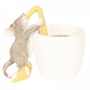 Polyresinová dekorácia ako postavička myšky pijúcej z hrnčeka kakao cez slamku 9 x 6 x 8 cm Clayre & Eef 36135