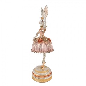 Polyresinová dekorácia bielej zajačice baletky v ružových šatách so zlatými trblietkami 11 x 11 x 35 cm Clayre & Eef 42914