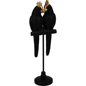 Polyresinová dekorácia čiernych papagájov na bidielku na stojane so zlatou korunkou a zobákom 11 x 7,8 x 35 cm 36476