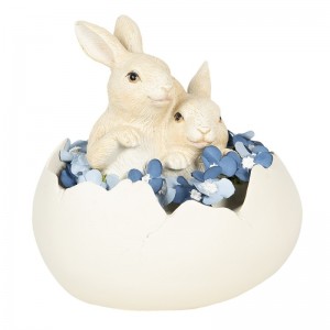 Polyresinová dekorácia dvoch krémových zajačikov v škrupinke s modrými kvietkami 14 x 10 x 14 cm Clayre & Eef 39340