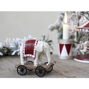 Polyresinová dekorácia sloníka v bielo-červenom farebnom prevedení s vozíkom na kolieskach 11 x 6,5 x 10 cm Chic Antique 42030