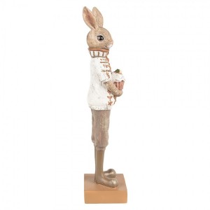 Polyresinová dekorácia stojaceho hnedého zajačika v pletenom svetríku s koláčikom na podstavci 7 x 7 x 28 cm Clayre & Eef 42447