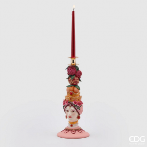Polyresinová dekorácia svietnika na vysokú sviečku v tvare hlavy ženy s dekorom pomarančov a granátového jablka zo sicílskej kolekcie 17 x 40 cm EDG 42044