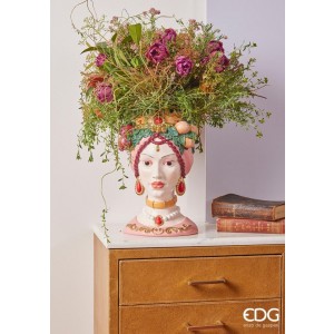Polyresinová dekorácia vázy - kvetináča v tvare hlavy ženy s dekorom pomarančov a granátového jablka zo sicílskej kolekcie 20 x 38 cm EDG 42050