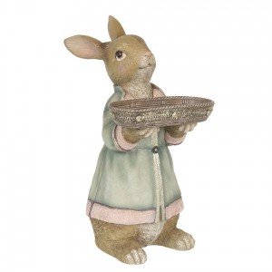 Polyresinová dekorácia zajačika v hnedom farebnom prevedení v kabátiku a s táckou v rukách 23 x 17 x 36 cm Clayre & Eef 43234