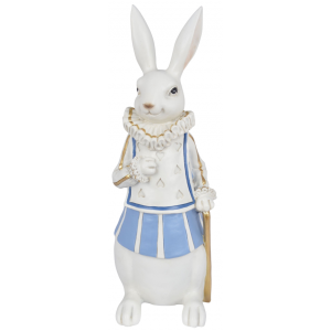 Polyresinová postavička bielo-modrého elegantného vidieckeho stojaceho zajaca s vychádzkovou paličkou 11,5 x 10 x 27,5 cm  36199