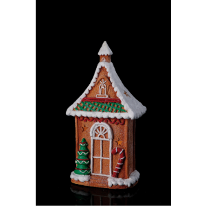 Polyresinová vianočná dekorácia domčeka s LED svetielkami a zasneženým efektom 25 x 16 x 46 cm 41875