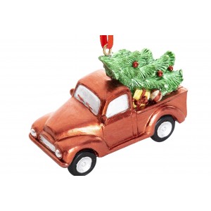 Polyresinová visiaca dekorácia červeného vianočného autíčka so stromčekom a darčekmi 7,5 x 3 x 6 cm 39570