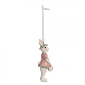 Polyresinová závesná dekorácia zajačika v bielom farebnom prevedení a v ružovo-sivom oblečení 4 x 4 x 10 cm Clayre & Eef 42870