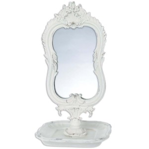 Polyresinové vyrezávané biele patinované zrkadlo na stojane 14 x 14 x 26 cm Blanc Maricló 37221