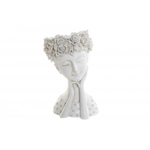 Polyresinový biely dekoratívny hladký kvetináč v tvare hlavy s tvárou a dekorom kvietkov 17 x 15 x 25 cm 36995