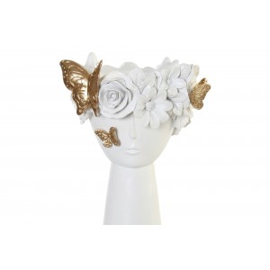 Polyresinový biely dekoratívny hladký kvetináč v tvare hlavy s tvárou a dekorom motýľov s kvietkami 19,5 x 19,5 x 41 cm 37000
