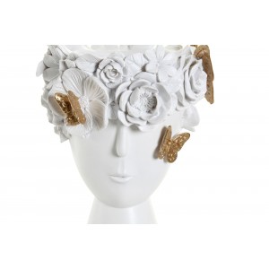 Polyresinový biely dekoratívny hladký kvetináč v tvare hlavy s tvárou a dekorom motýľov s kvietkami 19,8 x 19,2 x 30,5 cm 39564