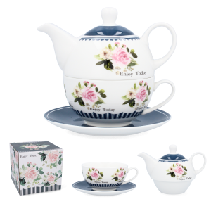 Porcelánová šálka s tanierikom a s čajníkom v modrej farbe s ružovými kvetmi 34606