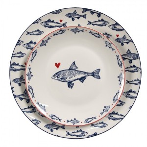 Porcelánový hlboký tanier v bielom farebnom prevedení s dekorom rýb a srdiečok 20 x 2 cm Clayre & Eef 41982