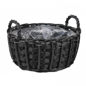 Prútený čierny košík malý okrúhleho tvaru s plastovou vložkou ako kvetináčom a s rúčkami na ľahšie uchopenie 36751