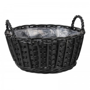 Prútený čierny košík veľký okrúhleho tvaru s plastovou vložkou ako kvetináčom a s rúčkami na ľahšie uchopenie 36749