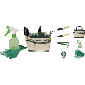 Set ôsmich kusov záhradkárskych potrieb v textilnej taške v krémovo-zelenom farebnom prevedení 43059