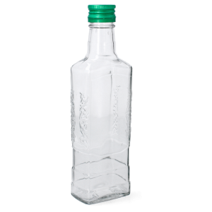 Sklenená transparentná fľaša so zeleným kovovým vrchnákom a dekorom 250 ml 36644