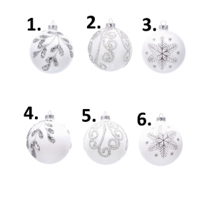 Sklenená závesná vianočná guľa v bielom farebnom prevedení v šiestich prevedeniach 8 cm 41870