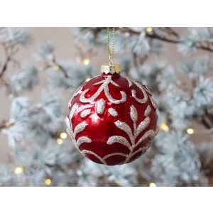 Sklenená závesná vianočná guľa v červenom farebnom prevedení s dekorovaním a trblietkami 8 cm Chic Antique 42194